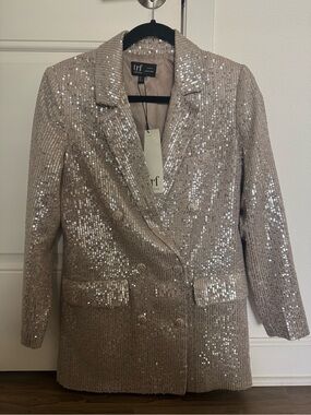 Zara Sequin Double-Breasted Blazer in Champagne sequin Beige